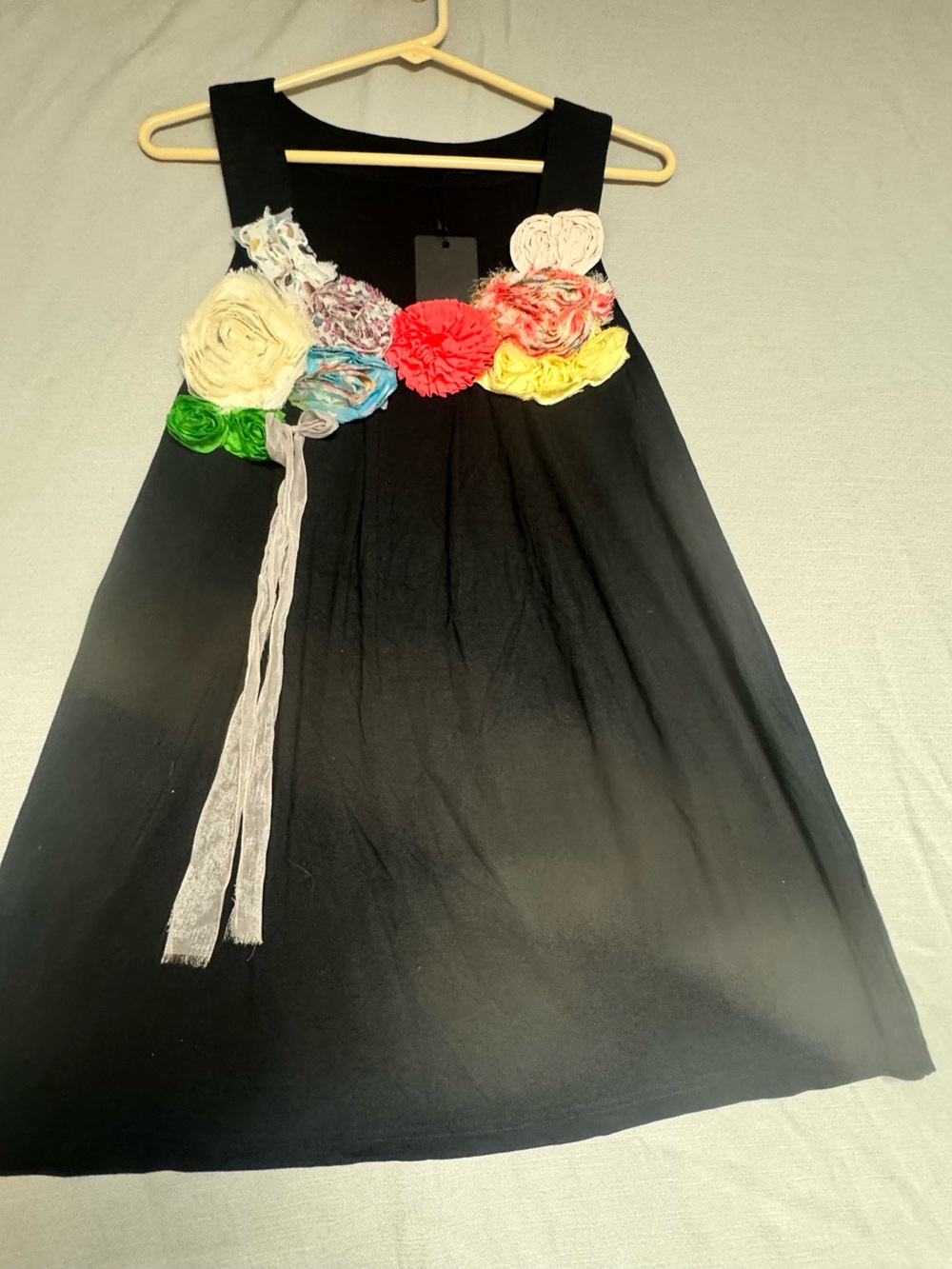 Radzoli Black Dress with Coral and Multicolor Rosette Accents